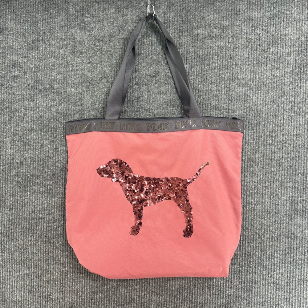 Victoria's Secret PINK Tote Bag Womens Large Coral Pink Sequin Dog Excellent Zip